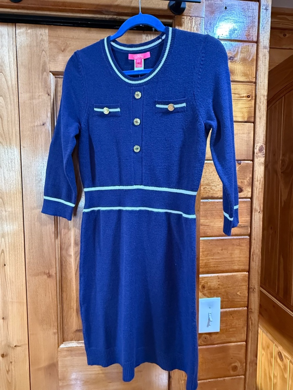 Girls' Navy Knit Dress with Contrast Trim